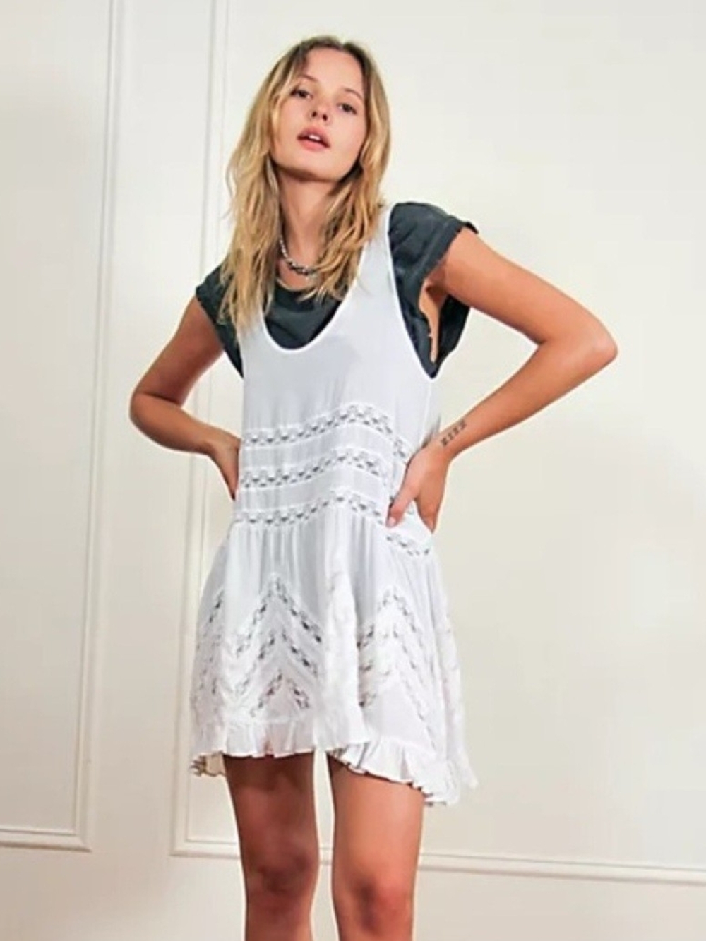 Free People Cream Crochet-Trim Tank Swim Coverup Dress - Picture 3 of 12